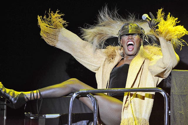 Grace Jones displayed her flexibility (physically and vocally) as she dry-humped the stage wearing a Lion King-inspired grass mane and matching tasselled, sand-coloured coat