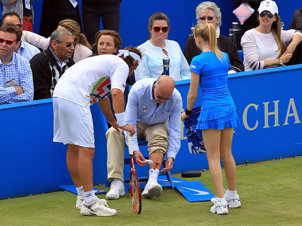 David Nalbandian Playing in the final of the Aegon Championships at Queen's, Nalbandian kicked out at an advertising panel and in the process injured a line judge. With blood pouring from Andrew McDougall's leg, it dawned on the Argentinean wh