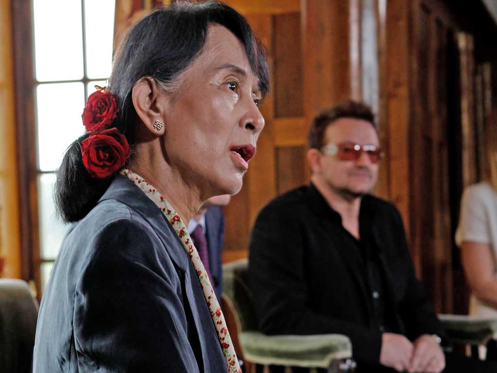 Aung San Suu Kyi and a “star-struck” Bono joined forces yesterday