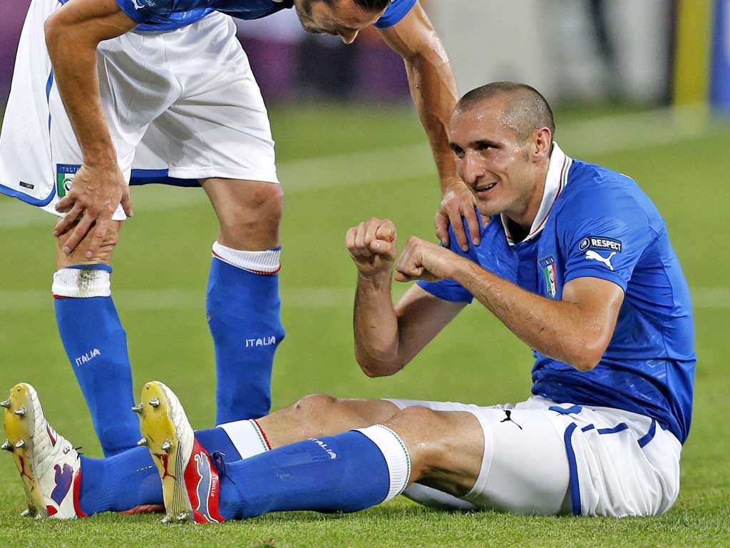 Giorgio Chiellini: Went off injured ten minutes into the second half, but until that point had looked assured at the heart of the Italian defence. 7