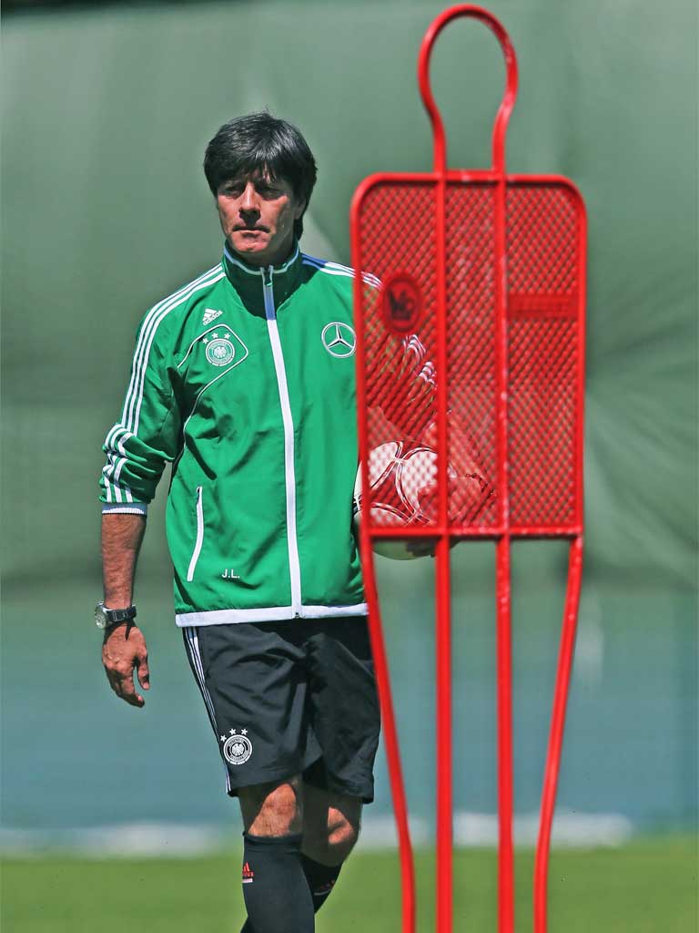 A relaxed Germany coach Joachim Löw in training yesterday
