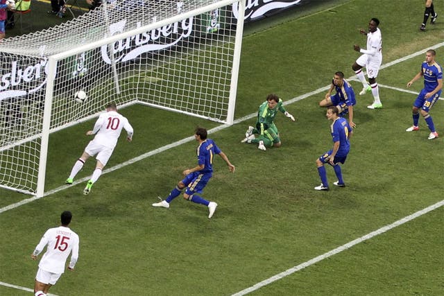 Wayne Rooney – who missed a great early chance – nods in for England just after half-time