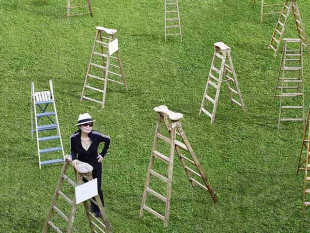 Yoko Ono with her installation: Sky Ladders 2007 in her exhibition Sognare, Museo di Santa Caterina, Treviso, Italy