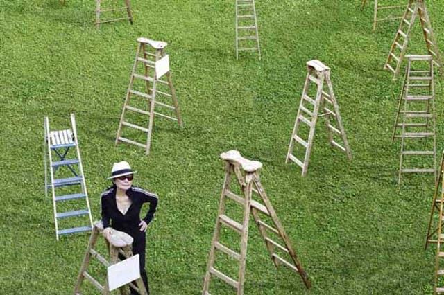 Yoko Ono with her installation: Sky Ladders 2007 in her exhibition Sognare, Museo di Santa Caterina, Treviso, Italy