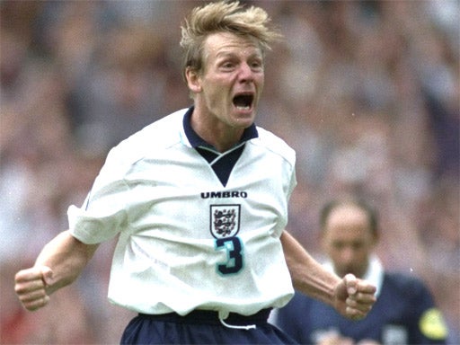 Stuart Pearce gives his famous reaction to scoring his penalty against Spain during Euro 96