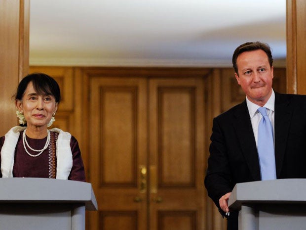 Aung San Suu Kyi at a press conference with David Cameron today
