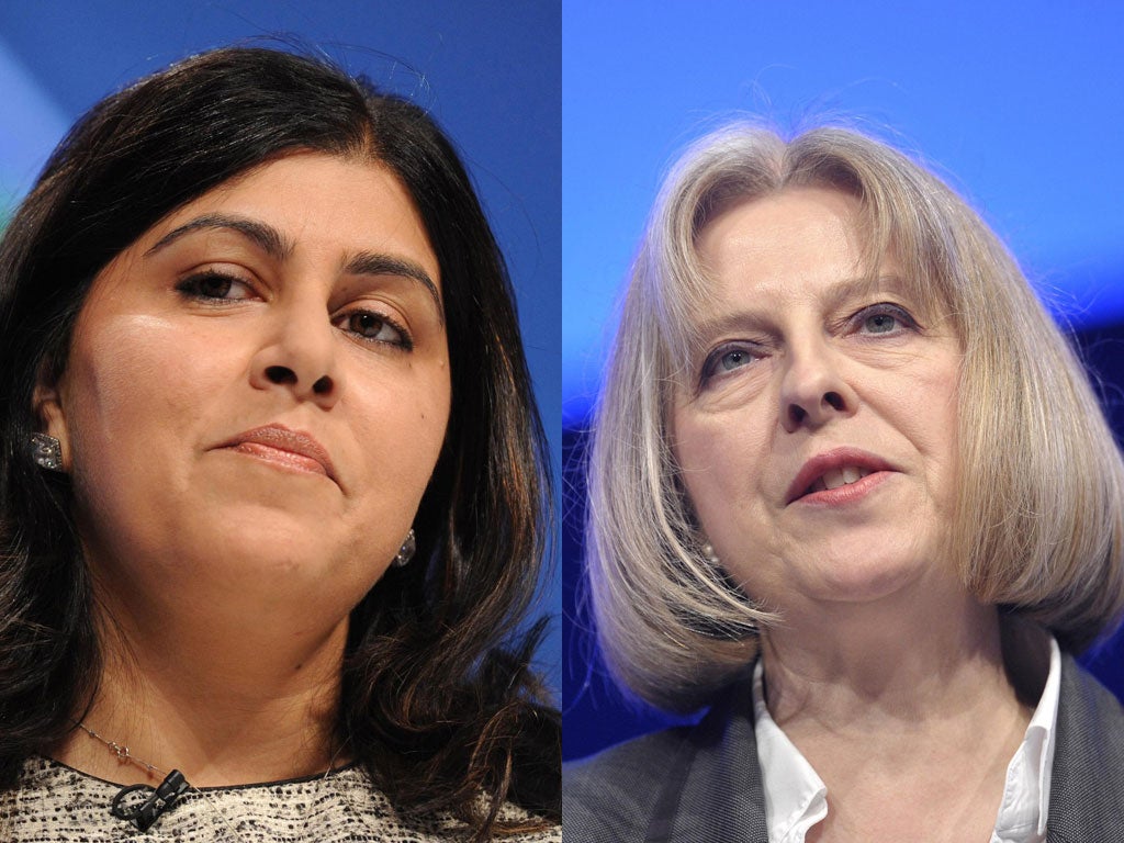 Baroness Warsi, left, fought the proposals by Theresa May, right
