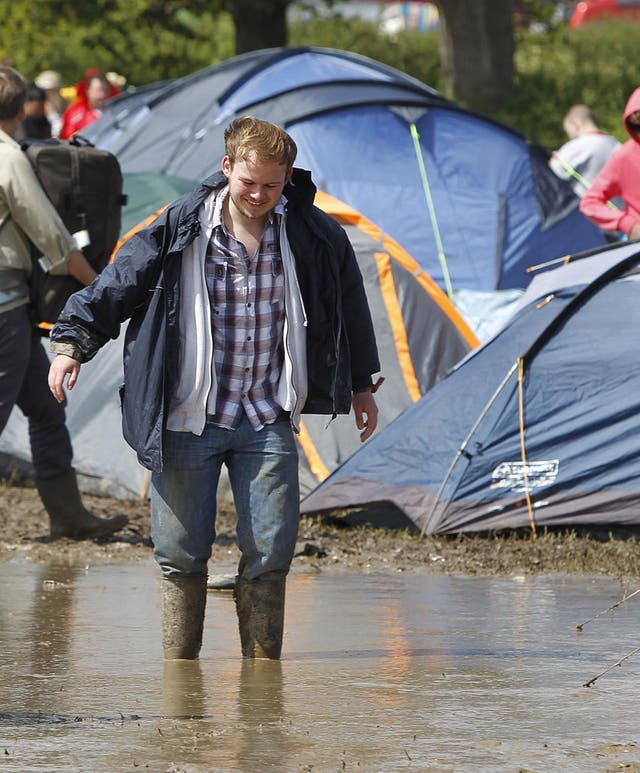 Mud and water at the campsite at the Isle of Wight festival.