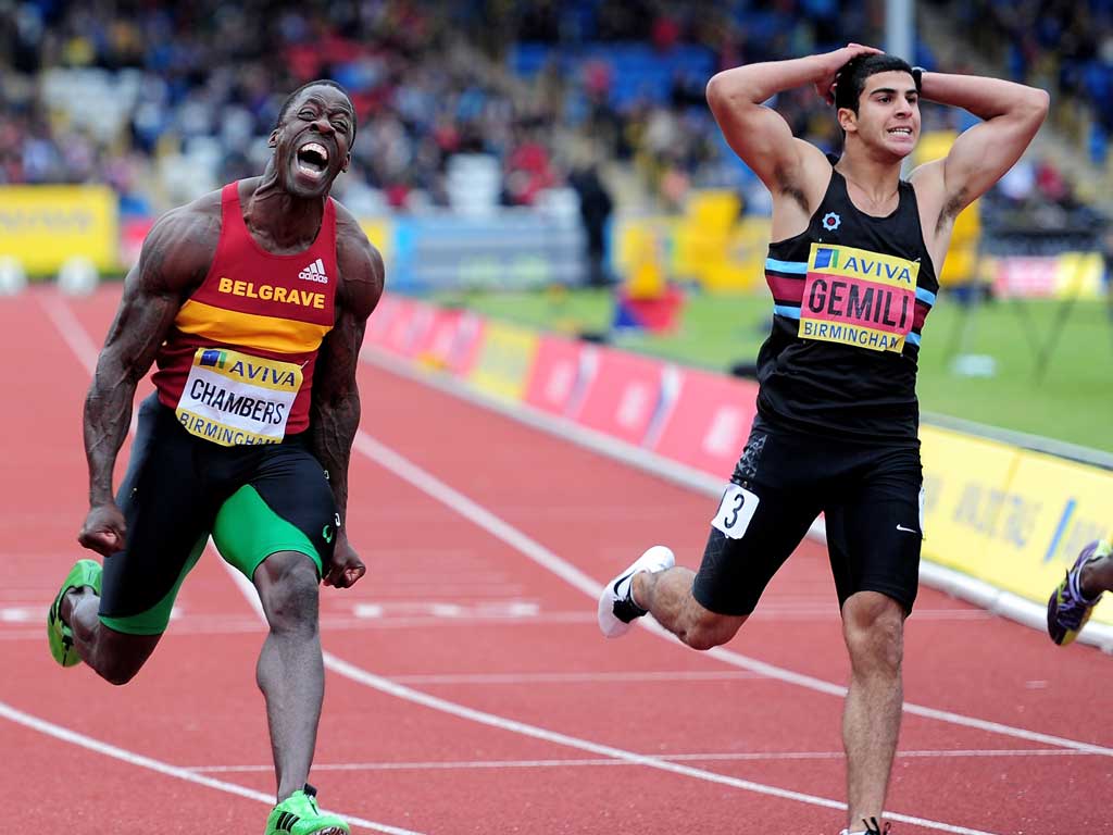 Loser wins: Dwain Chambers (left) beat Adam Gemili yesterday but second place still earned the teenager his Olympic berth