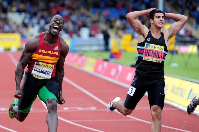 Loser wins: Dwain Chambers (left) beat Adam Gemili yesterday but second place still earned the teenager his Olympic berth