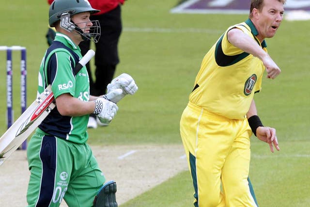 Golden duck: Brett Lee celebrates bowling Ireland's captain William Porterfield with the first ball of the match