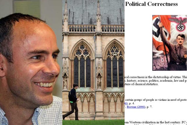 Martin Sewell, an economics supervisor at Cambridge. Far right, the 'Political Correctness' section of his website
