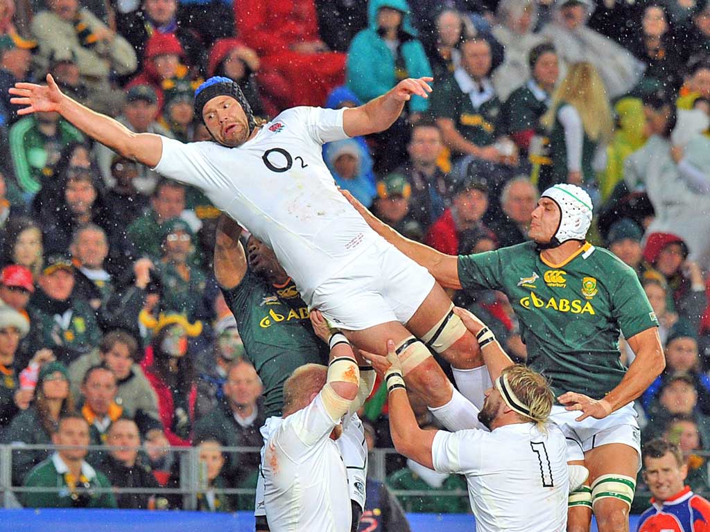 James Haskell takes the aerial route during the third and final Test