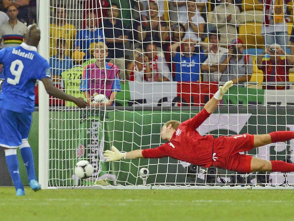 England's Joe Hart fails to stop the ball as Italy's Mario Balotelli scores past during the penalty shoot-out of their Euro 2012 quarter-final match