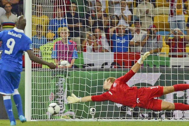 England's Joe Hart fails to stop the ball as Italy's Mario Balotelli scores past during the penalty shoot-out of their Euro 2012 quarter-final match