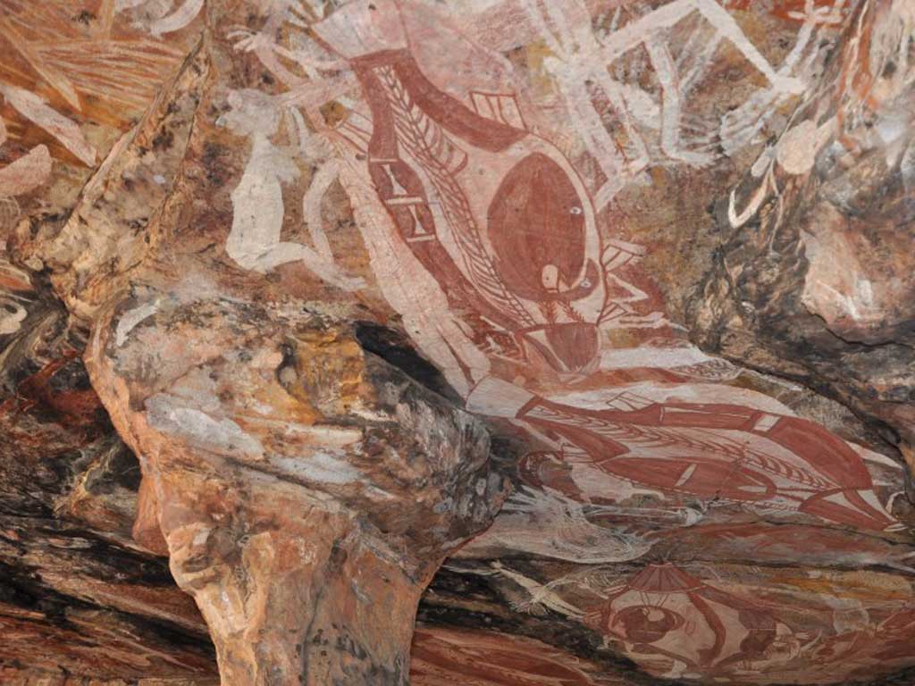 These ornate paintings, which adorn the ceiling of a remote shelter in Australia’s Northern
Territory, are 1,000 years old and are believed to be covering far older artworks. It is at this site, in the Arnhem Land region, that Professor Bryce Barker of th
