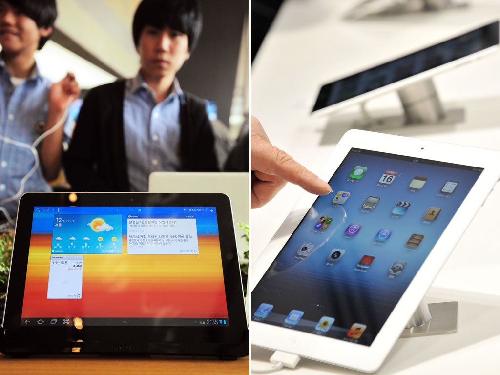 Samsung's Galaxy Tab 10.1, left, and the new Apple iPad, right