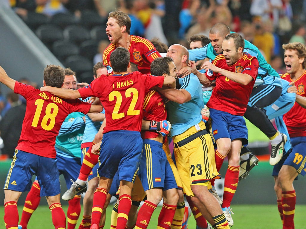 The Spain players celebrate reaching yet another international tournament final