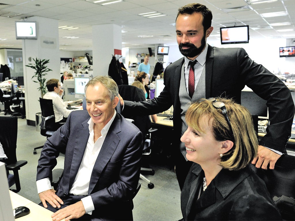 Tony Blair with Evgeny Lebedev, proprieter of the Evening Standard and The Independent, with Standard editor Sarah Sands yesterday