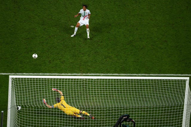 <b>Bruno Alves</b></br>
Bruno Alves is surely the only player ever to go up for two penalties in the first five of a shootout. The Portuguese centre-back walked uneasily up to the spot, only for Nani to run up and really shoot his nerves to pieces by pulling him back and taking his place. Needless to say Nani confidently dispatched his penalty. This provided no comfort to Alves who usually considers himself a set-piece expert. The defender walked up to the spot for Portugal's fourth penalty and for a split second seemed to have upset the odds by smashing the ball towards the top corner. However, the jubilation was as brief as the agony was total at the realisation that he had hit the ball a little too well as he watched the ball cannon off the cross bar.
</br>
<a target="_blank" href="http://www.youtube.com/watch?v=DLenKEPDCKE" target="new">Click here to WATCH.</a>
