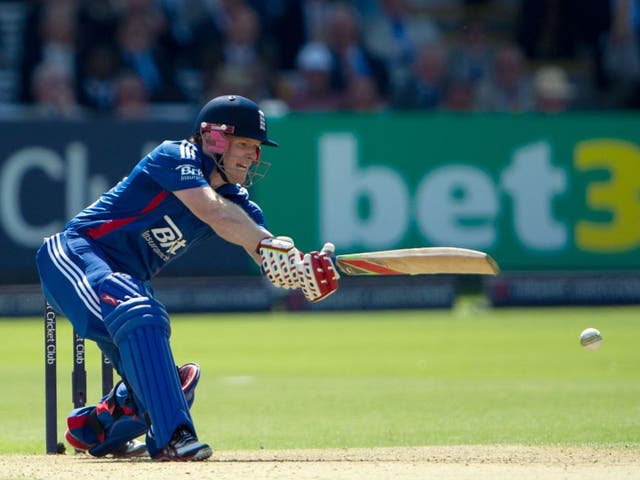 Eoin Morgan hits out en route to an unbeaten 63-ball 89 featuring five fours and four sixes yesterday