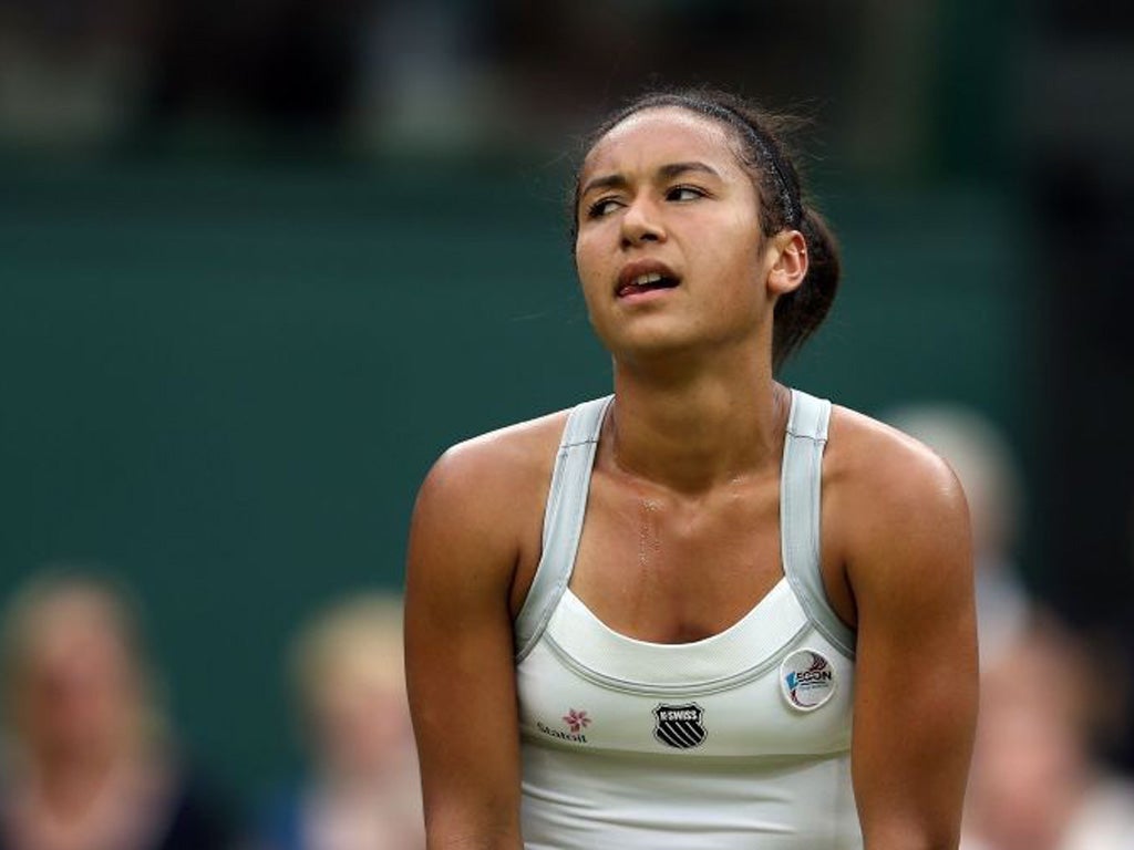 Heather Watson shows her frustration during her defeat at the hands of Agnieszka Radwanska yesterday