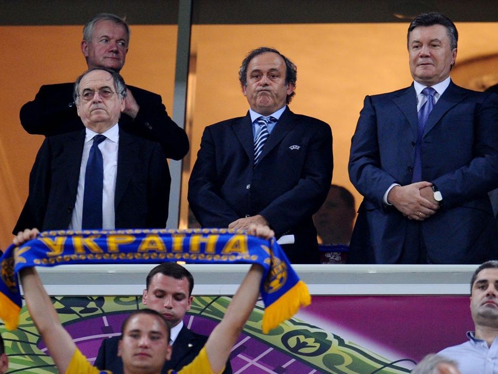 Uefa President Michel Platini (top centre) at the Donbass Arena stadium in Donetsk. 'We concentrate on the sporting domain,' he says