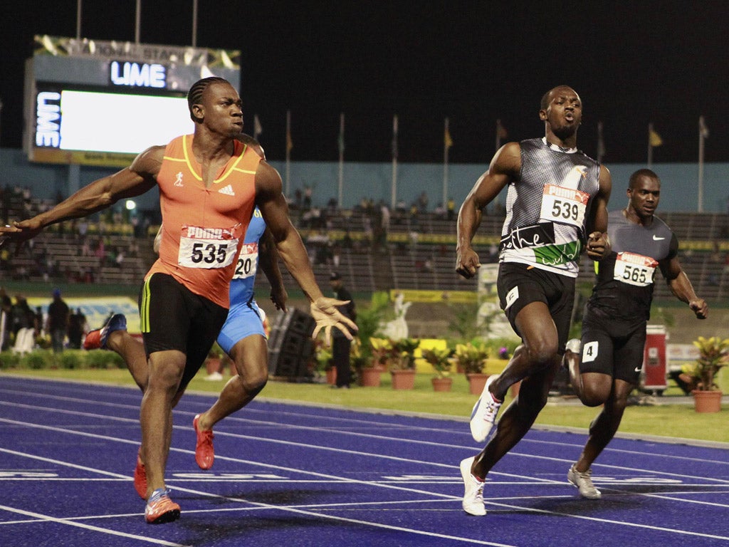 Second best
Yohan Blake
(left) puts a
dent in Usain
Bolt's Olympic
preparations by
winning the 100m
at the Jamaican
Trials