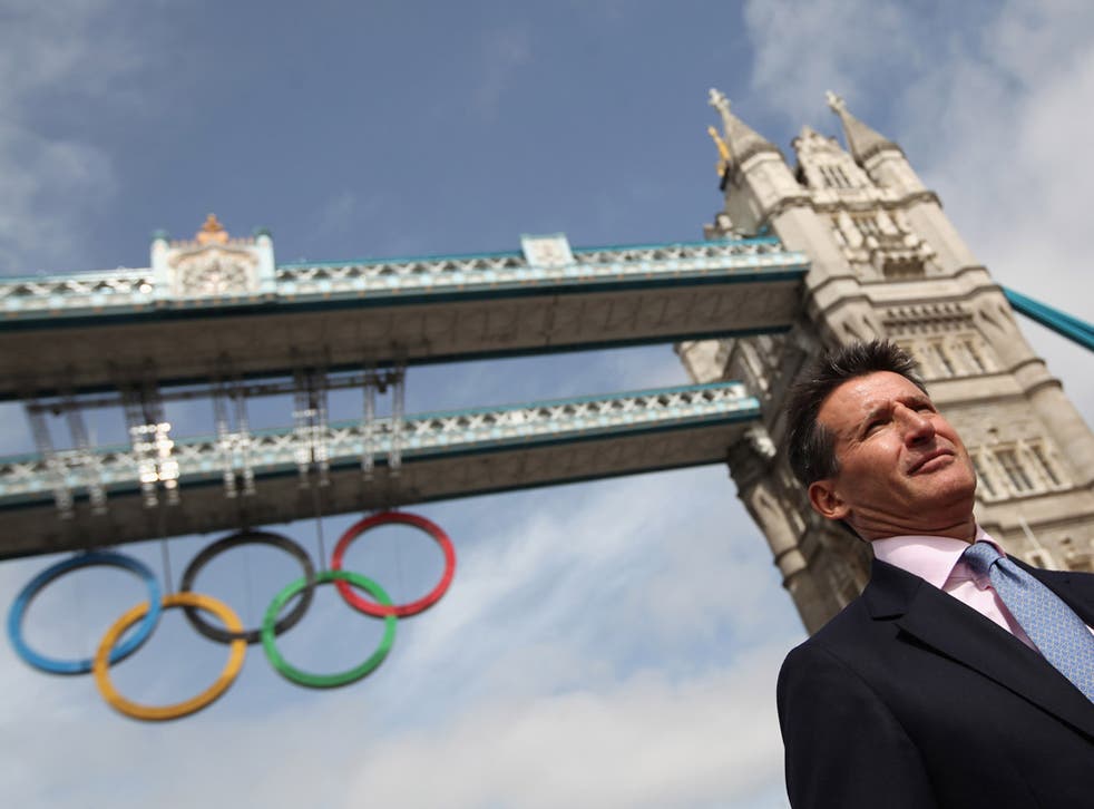 Lord Coe unveils
the Olympic
rings last week