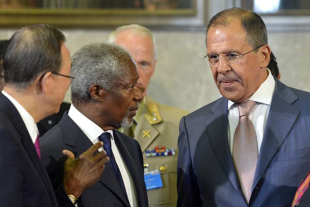 From left, Ban Ki-moon, Annan and
Sergei Lavrov yesterday