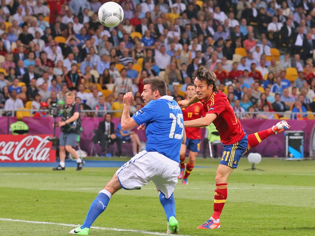 A collector’s item. David Silva’s header puts Spain 1-0 up against the Italians