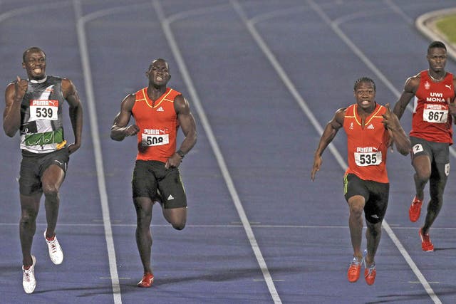 Yohan Blake (second right) beats Usain Bolt in Jamaica’s 200m trial
