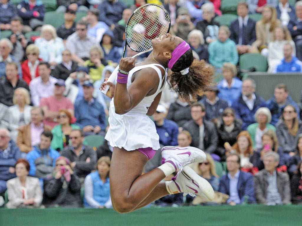 Serena Williams goes airborne to celebrate yesterday’s win
