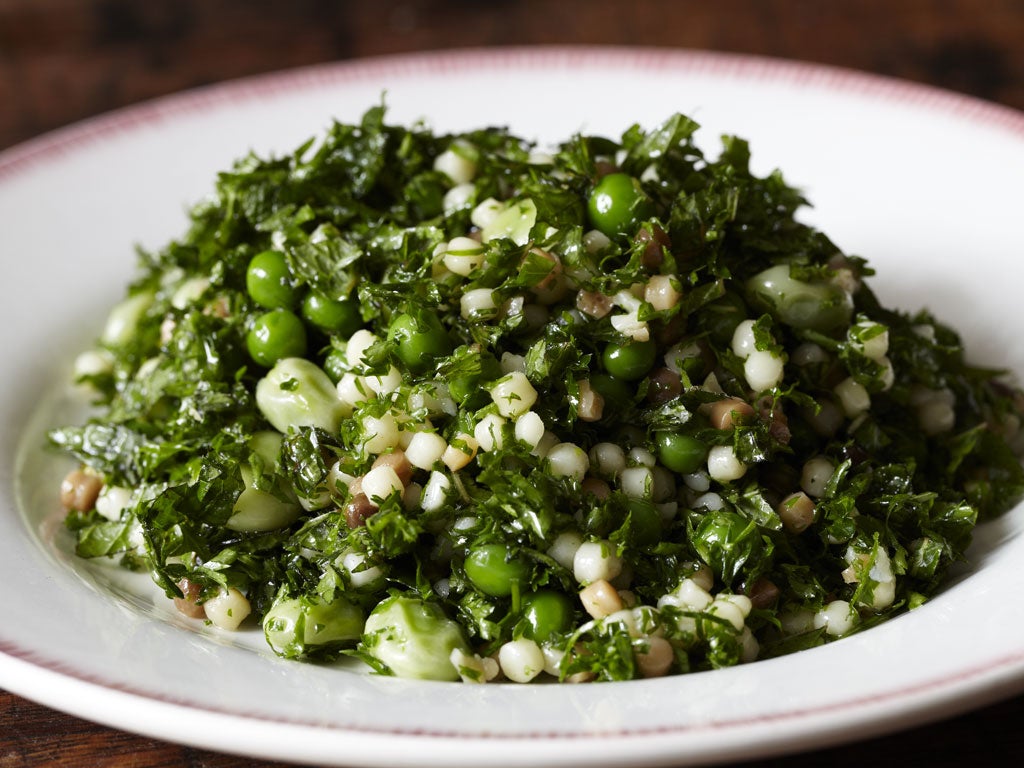 Fregola with peas, broad beans and herbs