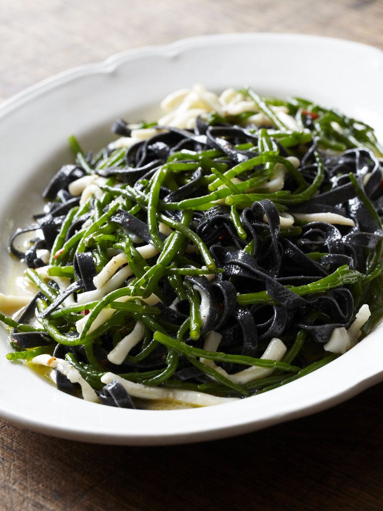 Ink pasta with samphire and squid