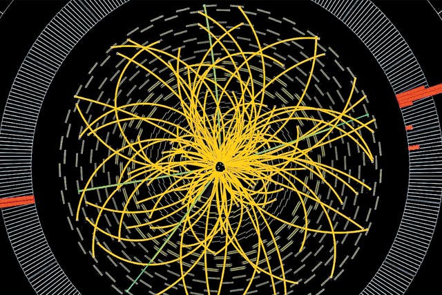 A computer-generated image shows proton collisions expected from the decay of a Higgs boson
