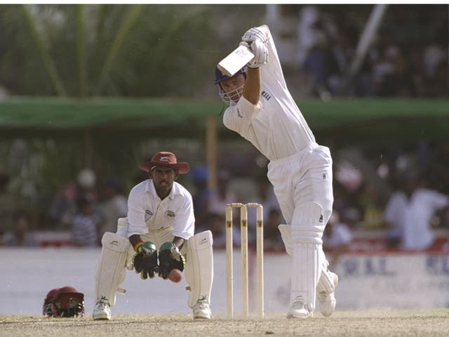 Mark Ramprakash unfurls a typical cover drive during the tour of West Indies when he hit his first Test century