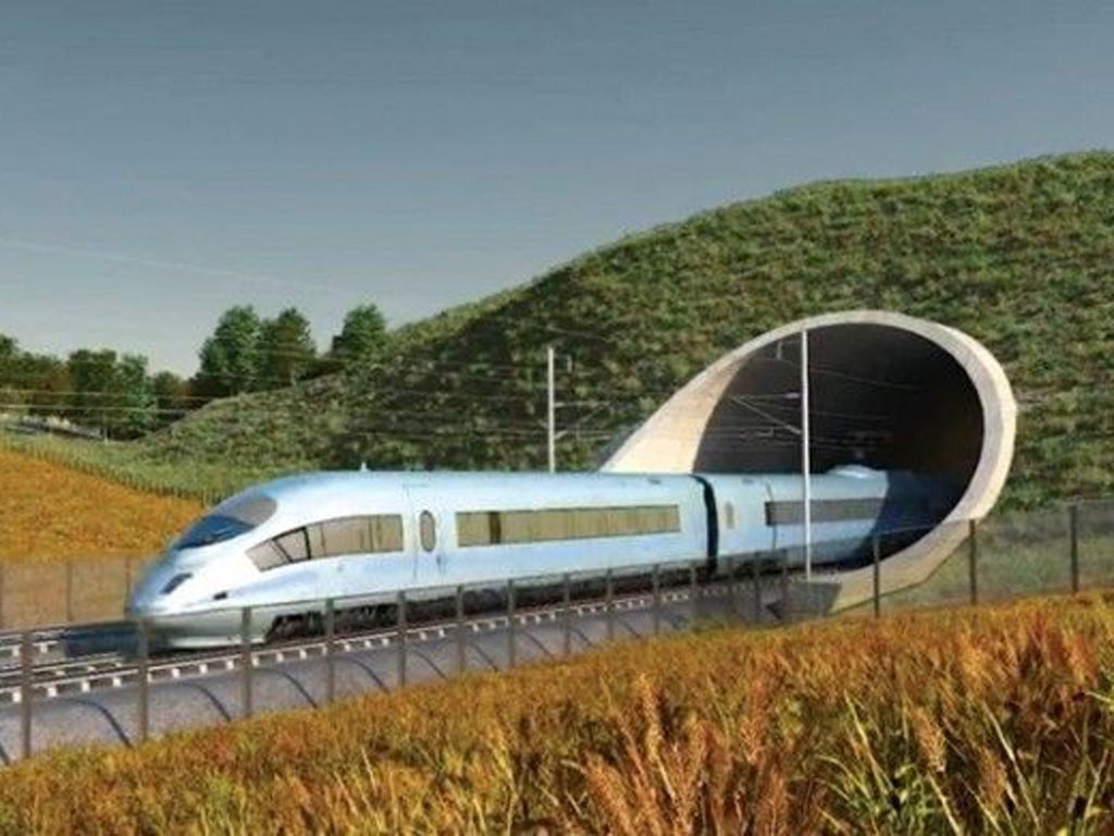 An artist's impression of a train emerging from a tunnel on HS2