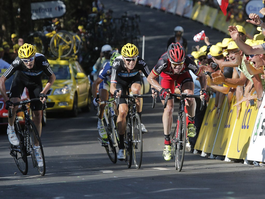 Va va froome: The Sky raider (left) chases down Vincenzo Nibali (right), with Bradley Wiggins (centre) also in pursuit