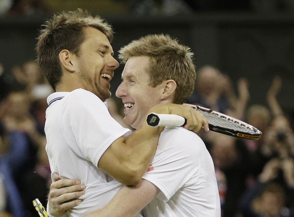 Jonathan Marray (left) rejoices with Freddie Nielsen after their doubles victory