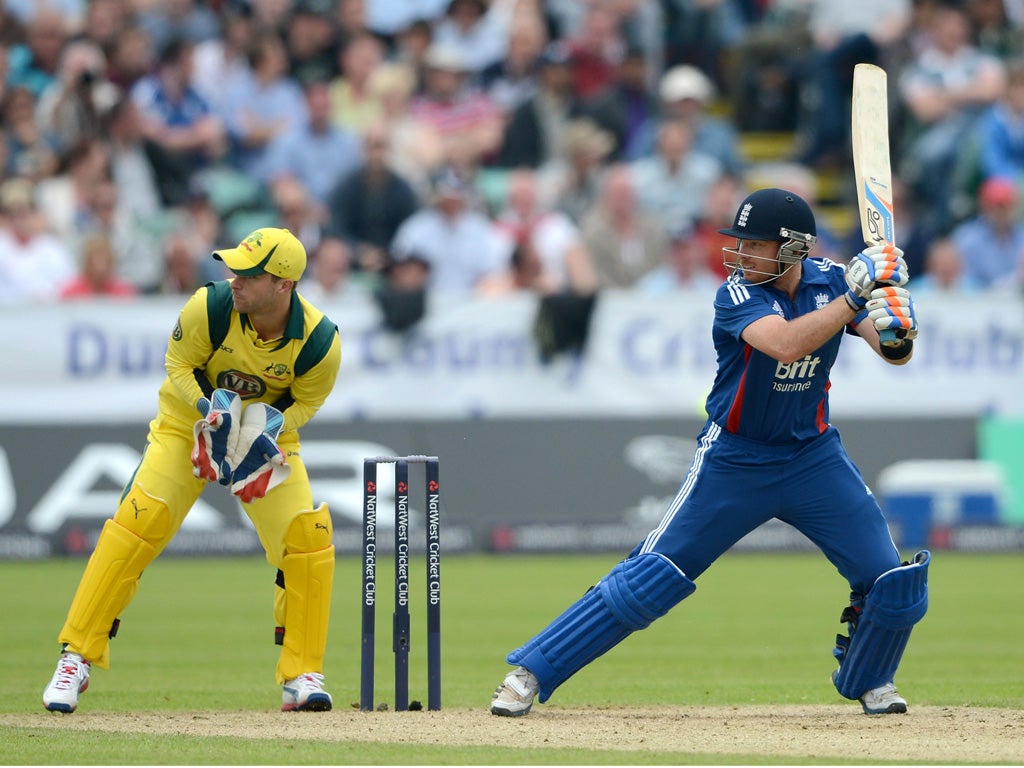 Ian Bell hits out on his way to 69 against Australia on Saturday