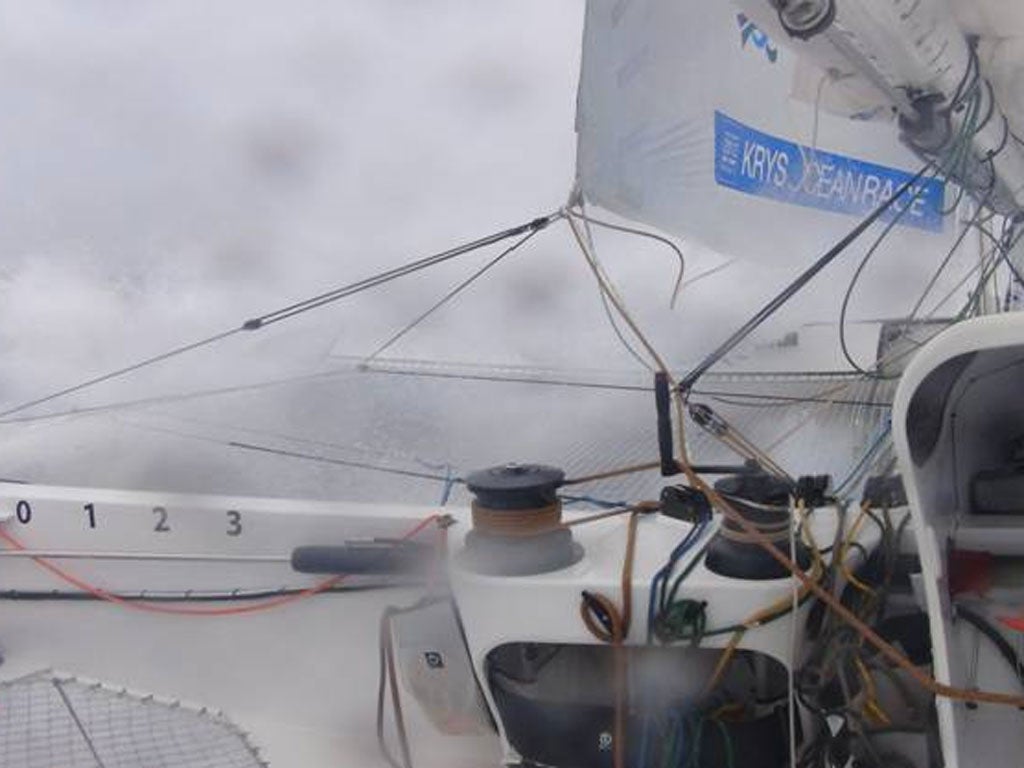 Wet and wild conditions mid-Atlantic for the MOD 70-foot trimarans competing in the Krys Ocean Challenge from New York to Brest