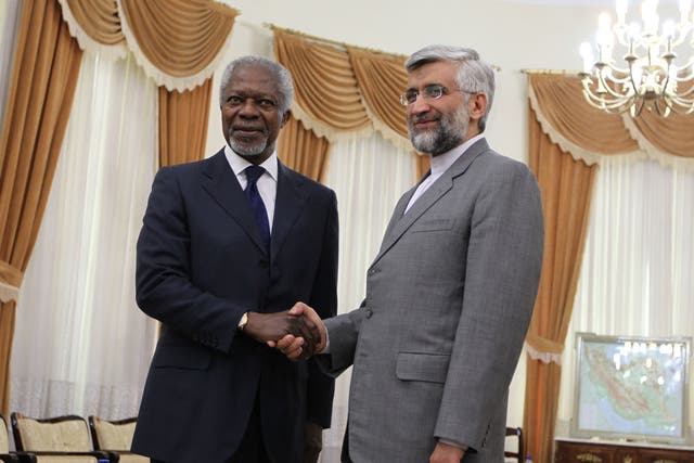 UN and Arab League envoy for the crisis in Syria, Kofi Annan (L) with Iran's chief nuclear negotiator Saeed Jalili in Tehran today