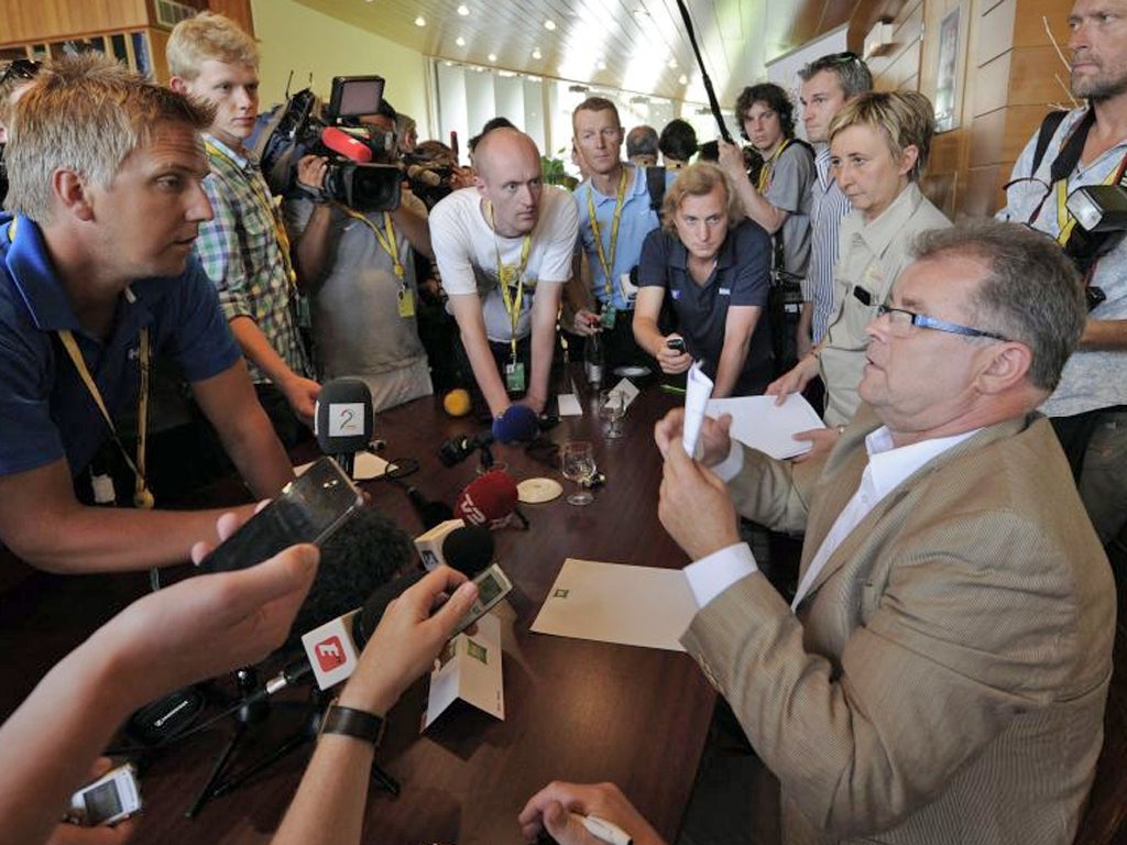 Cofidis team manager Yvon Sanquer faces the media yesterday after one of his Tour riders was arrested as part of a drug investigation