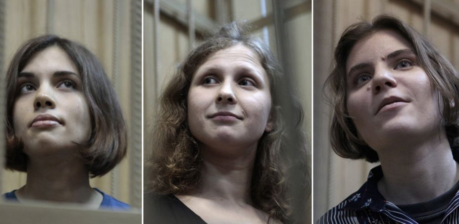 Members of Pussy Riot, from left, Nadezhda Tolokonnikova, Maria Alyokhina and Yekaterina Samutsevich, in court in Moscow