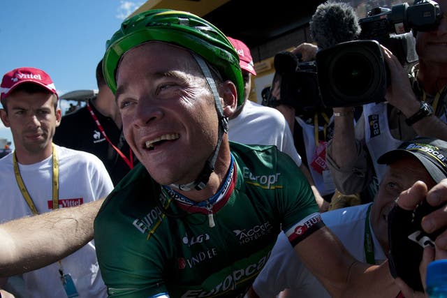 Thomas Voeckler celebrates victory on stage ten of the Tour