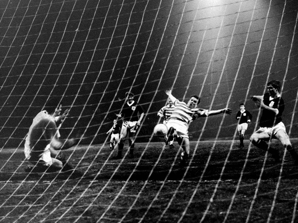 McBride scores for Celtic in February 1966; he was that season's joint top scorer with Alex Ferguson