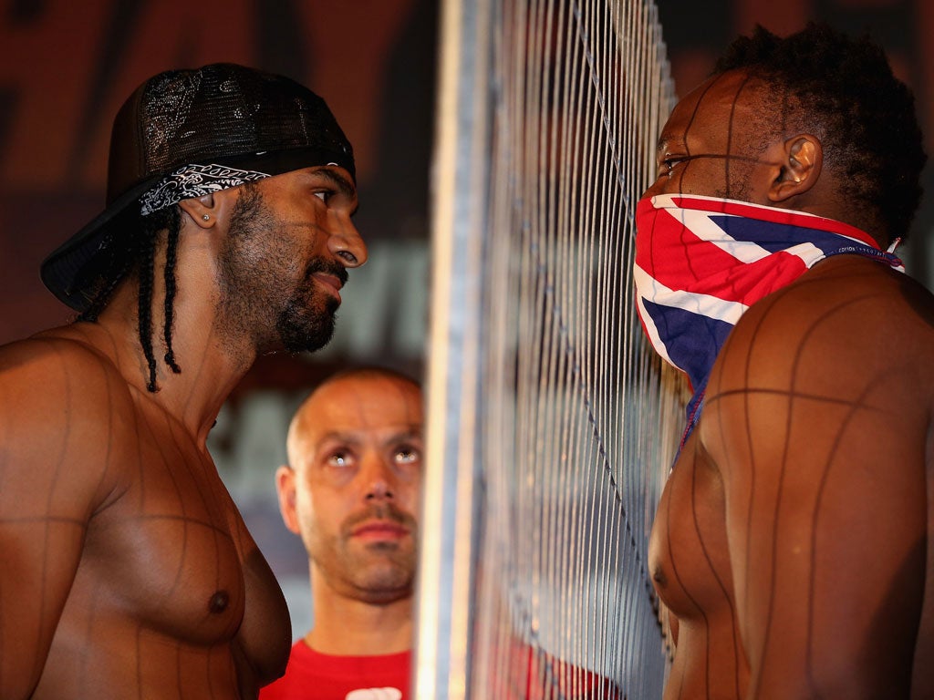 David Haye (left) and Dereck Chisora square up in Leicester Square
