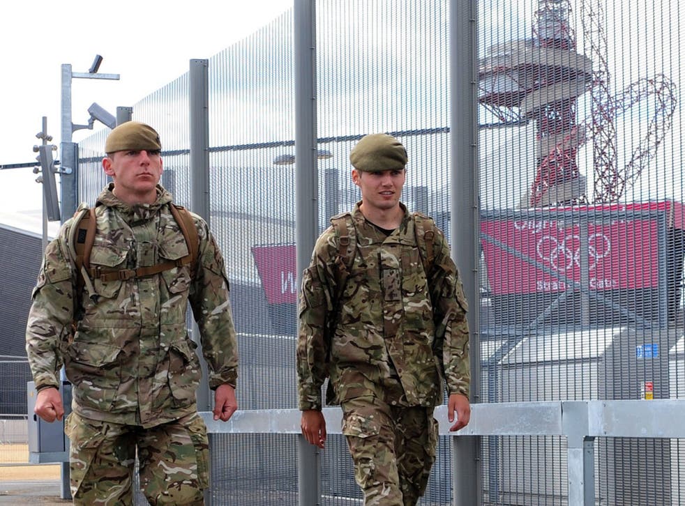 British troops on patrol at the Olympic Park in Stratford yesterday