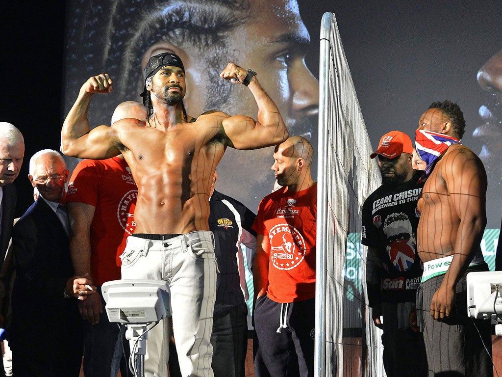 David Haye (left) and Dereck Chisora fight at Upton Park tonight